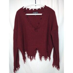 LU NYC V-Neck Crop Sweater Size XL Fringe Grunge Distressed Shredded ChewedDistr